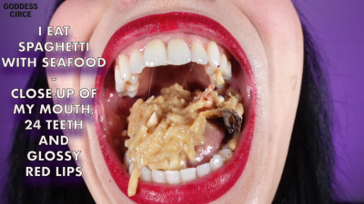 I Eat Spaghetti With Seafood- Close-Up Of My Mouth, 24 Teeth And Glossy Red Lips
