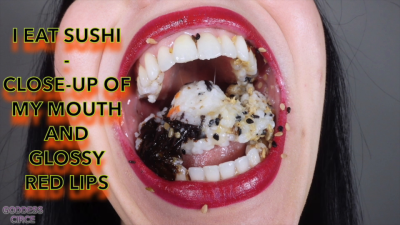 I Eat Sushi Close-Up Of My Mouth And Glossy Red Lips