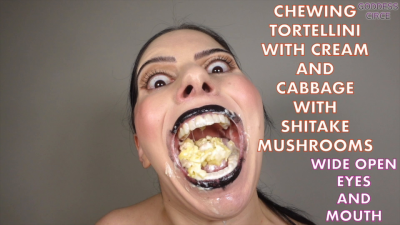 Chewing Tortellini With Cream And Cabbage With Shitake Mushrooms Wide Open Eyes And Mouth (Video Request)
