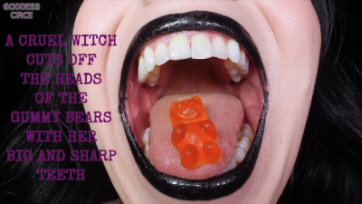 A Cruel Witch Cuts Off The Heads Of The Gummy Bears With Her Big And Sharp Teeth