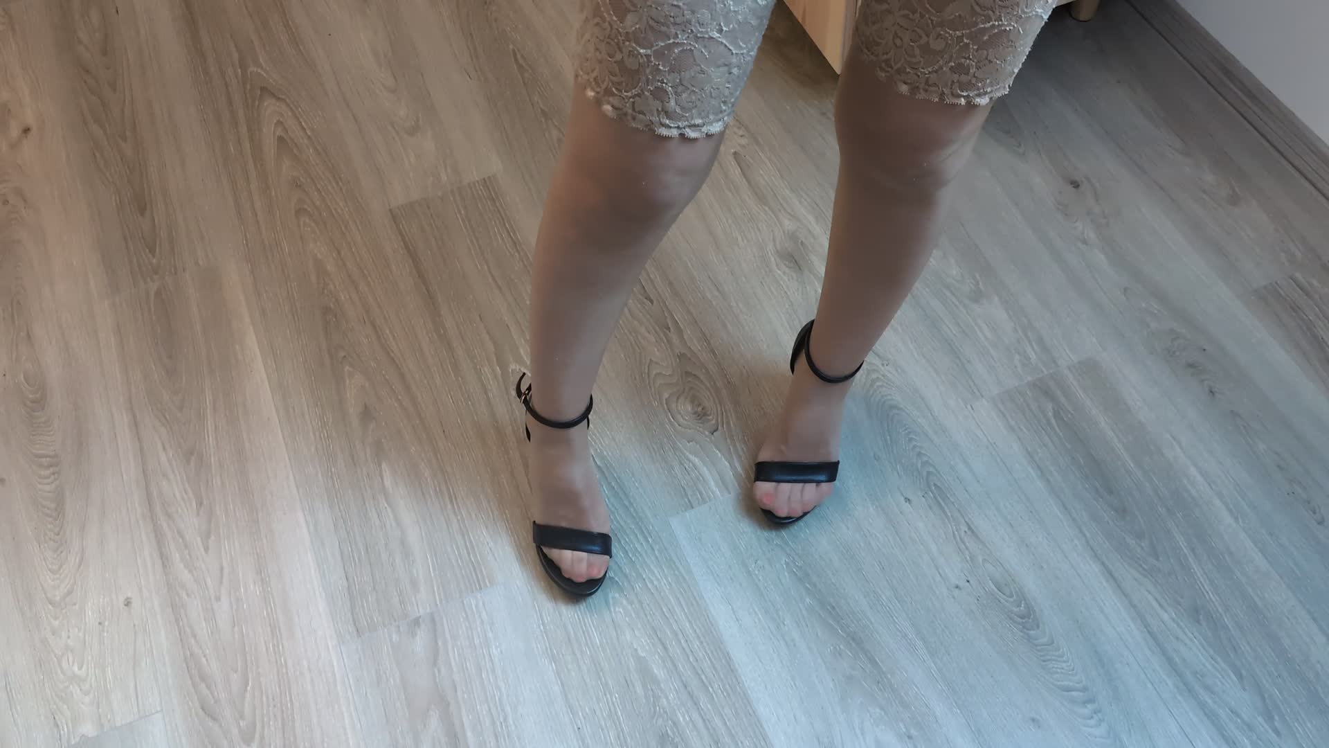 Playful In Beige Stockings Sandals Feet