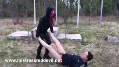 Mistress Red Devil Extreme Ballbusting In The Park With Andrea Dipre