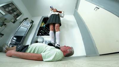 Schoolgirl Stood On Him In Long Socks & A Grey Pleated Skirt Floor Cam