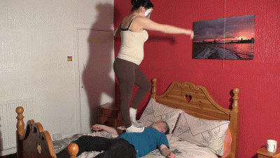 Pregnant Becky Trampling Her Slave On The Bed With White Frilly Ankle Socks