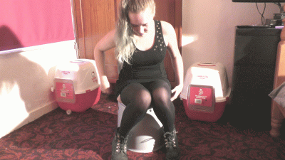 Hot Girl In Black Dress Tights & Boots Weeing In A Jug On The Portable Toilet