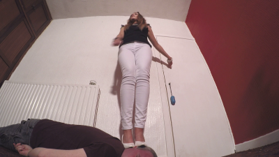 Sophie's Tight White Pants & White High Heels Dancing On The Side Of The Slaves Face Floor Cam