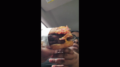 Ebony BBW Stuffing My Face With A Huge Double Cheeseburger With Bacon