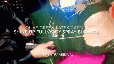 P2 Olive Gree Latex Catsuit Shine Full Body Spray Blowjob