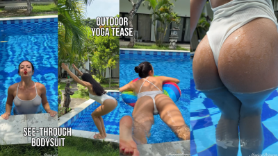 Outdoor Yoga Tree Pose & Tease In See-Through Bodysuit In The Pool