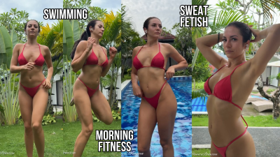 Morning Fitness In Hot Bikini, Sweating, Swimming