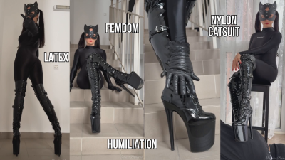 Mistress In Nylon Catsuit And Knee High Boots Humiliates You