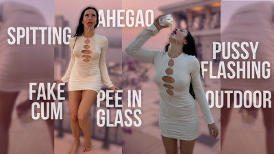 Outdoor Pussy Flashing, Pee In The Glass, Spit, Ahegao, Fake Cum On My Tits & Body