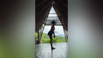 Express Yoga Outdoor With Volcano Background
