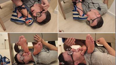 Nerd Computer Technician Worships Kiffa's Feet Under The Table- Wedges- Red Toenails- Feet- Foot Worship- Femdom- Foot Domination