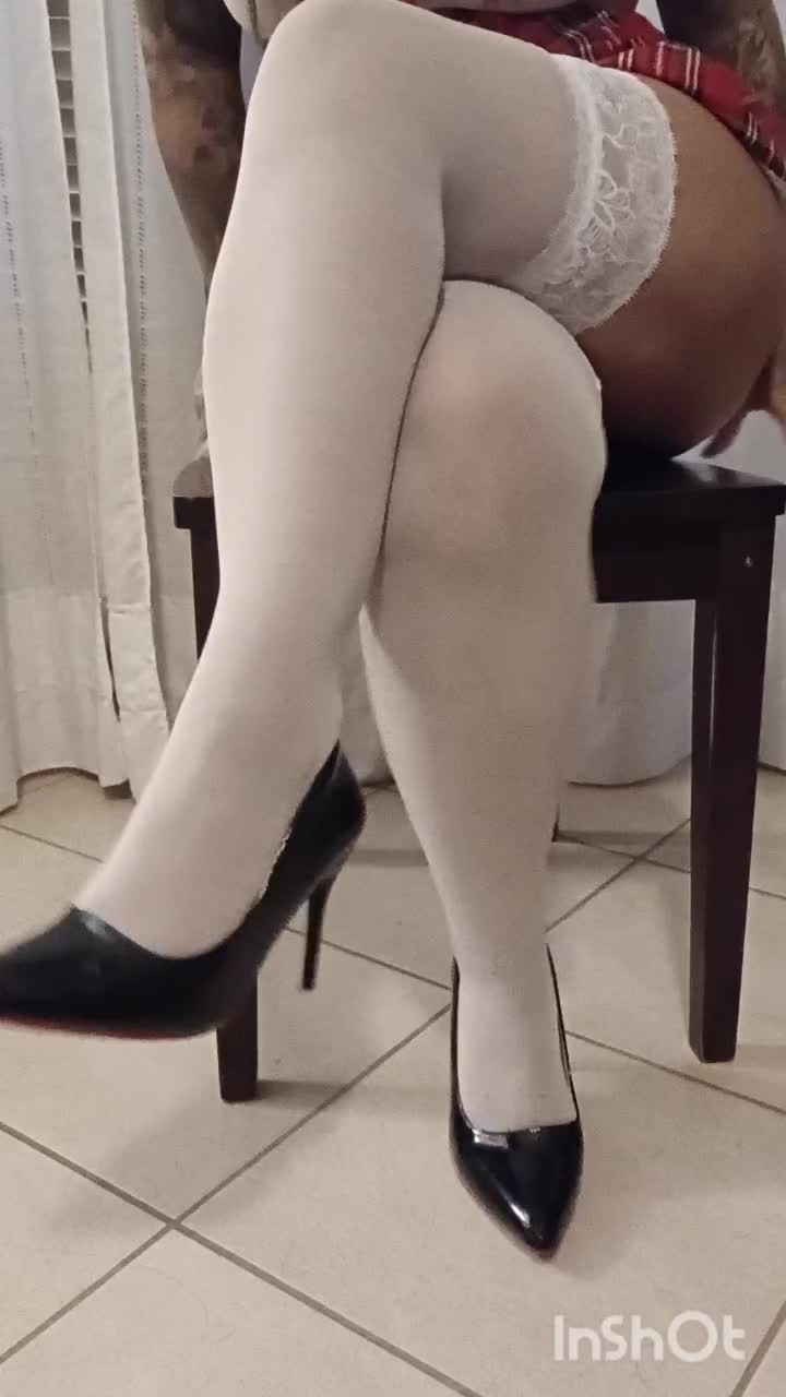 Innocent Schoolgirl Legs - White Thigh Highs & Black Heels Tease