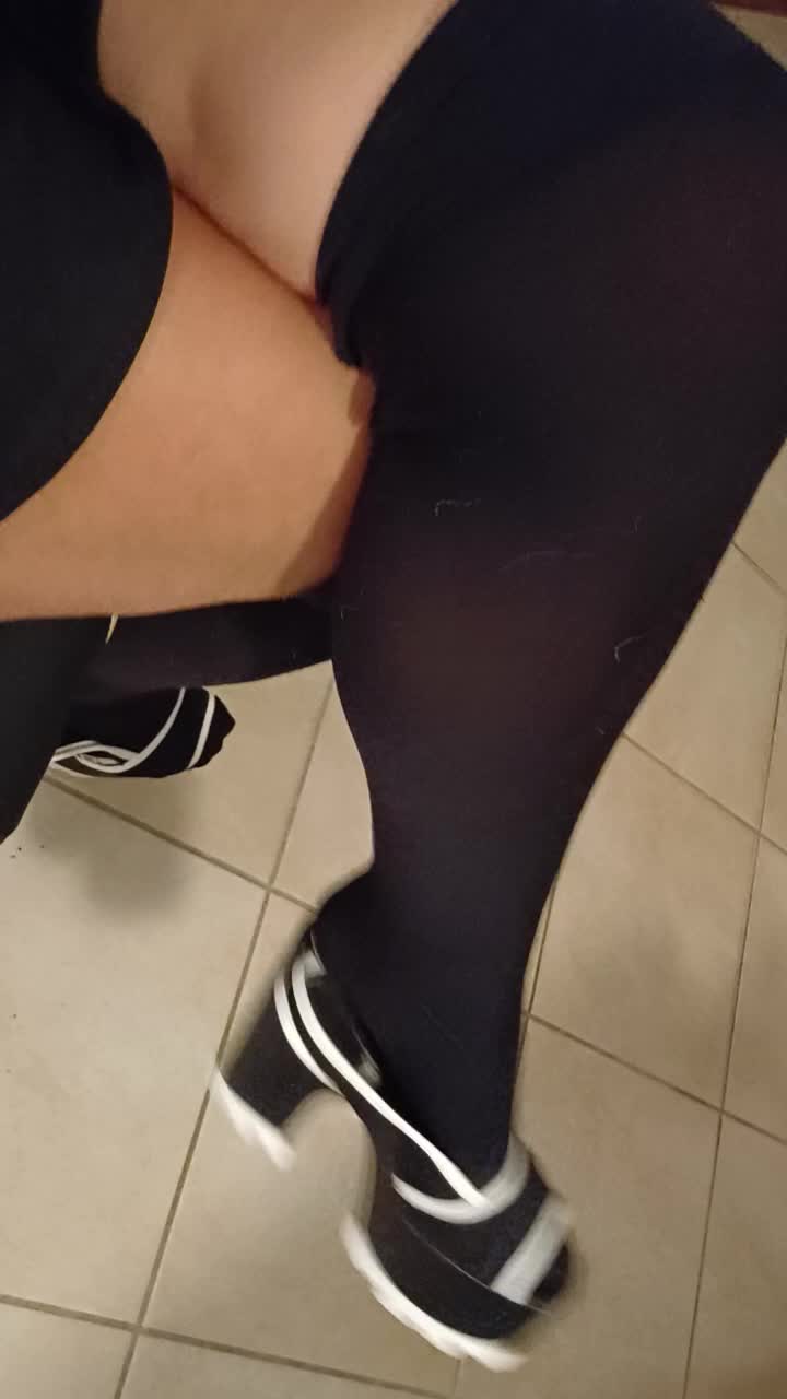 Overhead Tease In Blue Heels & Black Stockings