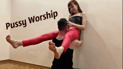 Goddess Kira In Red Leggings Tries Extreme Positions In Which Slave Should Worship Her Pussy