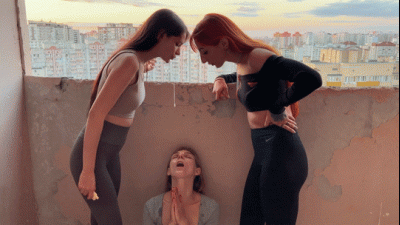 Mistresses Agma And Sofi Spit On Slave-Girl On A Public Balcony Lezdom Spitting