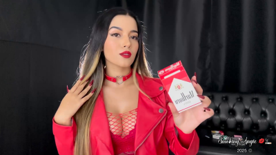 Smoking Marlboro Red 100S Close Up In Red Leather And Fishnet Top