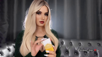 Blonde Bombshell With Heavy Makeup And Glossy Red Ombre Lips Smoking Marlboro Gold For You In A Low Cut Top Close Up!