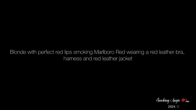 Blonde With Perfect Red Lips Smoking Marlboro Red Wearing A Red Leather Bra, Harness And Red Leather Jacket