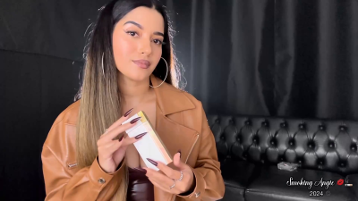 Brown Leather Low Cut Dress, Brown Leather Jacket, Long Nails, Nude Glossy Lips, vs 120S Gold, Double Pumps And Smoke In Your Face!