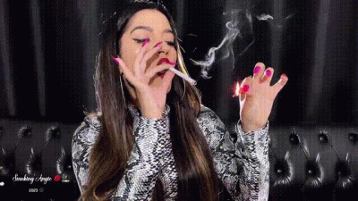Alluring Smoker Enjoying A 120S Cigarette In Her Snake Skin Top Seducing You With Her Smoky Red Lips Close Up!