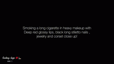 Long White Cigarette, Heavy Makeup, Deep Red Glossy Lips, Lipstick Prints, Long Stiletto Nails, Corset