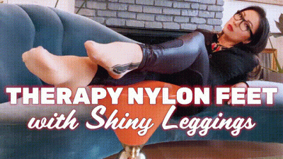Therapy-Fantasy Nylon Feet With Shiny Leggings And Dangling Red Bottoms