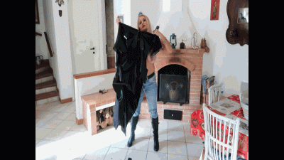 Blonde Destroys Leather Coat And Skirts