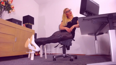 616. White Stiletto Heels Dangling, MILF Secretary In Black Pantyhose, Classy (Classic) Shiny Nylon Fetish, Shiny Pantyhose, Thick Legs, Blonde In Eye Glasses, Office Fantasy Play
