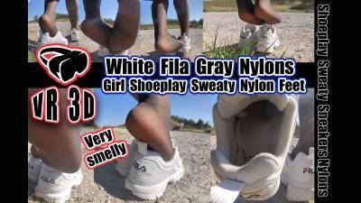 Pretty Girl Plays With Her Sweaty Fila VR 3D Virtual Reality Sneakers And Shows Her Stinky Wet Gray Nylons Sweaty You Can Almost Smell Them, Stinky Fila Sneakers