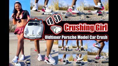 Virtual Reality VR 3D Vintage Porsche Model Car Trample Girl Trample With Nike Air Max Sneaker Shoes A Toy Metal Car Destruction Of A Metal Car They Jump, Jump, Crash The Cars Destroyed, Kicked, Trampled, Smashed