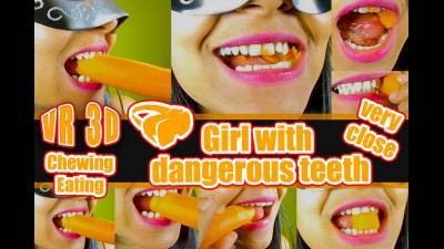 Chewing Clip Virtual Reality VR 3D Carrot Chew Girl Chew A Hard Carrot Chews It Really Small Young Black-Haired Girl Eat Clip, Pretty Girl Eats A Carrot And Chews It Really Small