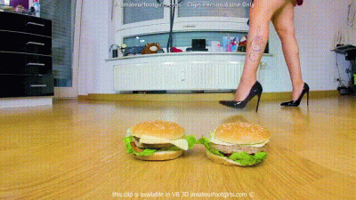 Cheerleader Girl Here Is Trample A Hamburger, With High Heels, Barefoot Highheels Hamburger