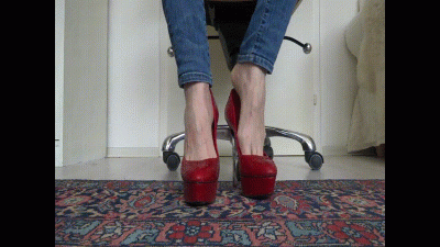 Red Platform Designer High Heels With Extreme Metal Heels In Close-Ups