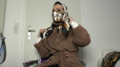 Silk Scarves Mask And Headscarf With The Brown Winter Coat