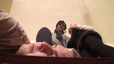 Kirsten & Nicole Take Turns Stepping On The Slaves Head On The Table Floor Cam