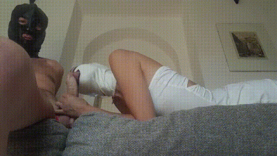 She's Wearing A White Dress, Pink Pantyhose And High Heels, Her Mouth Is Fucked Until She Swallows Cum