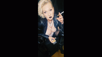 Naughty Smoking MILF Smokes Sloppy Her Camel 100 And Has Lots Of Spit For You*Black Lips*Leatherjacket*Corkcigarette*Vinyl High Boots*Dominant Smoke*