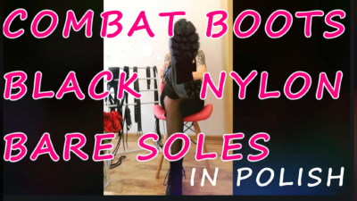 Lady Angela Polish Language Combat Boots Black Nylon Stockings Bare Feet Foot Tattoo