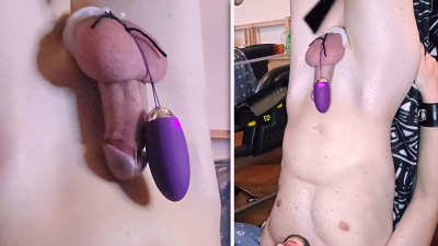 Mistress Makes Her Slave Boy Cum Upside Down With A Vibrator And He Eats His Own Cum